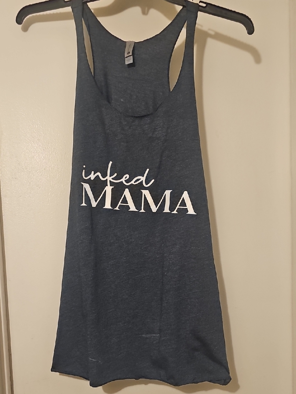 Next Level Apparel Dark Blue Tank Top with White "inked MAMA" Text